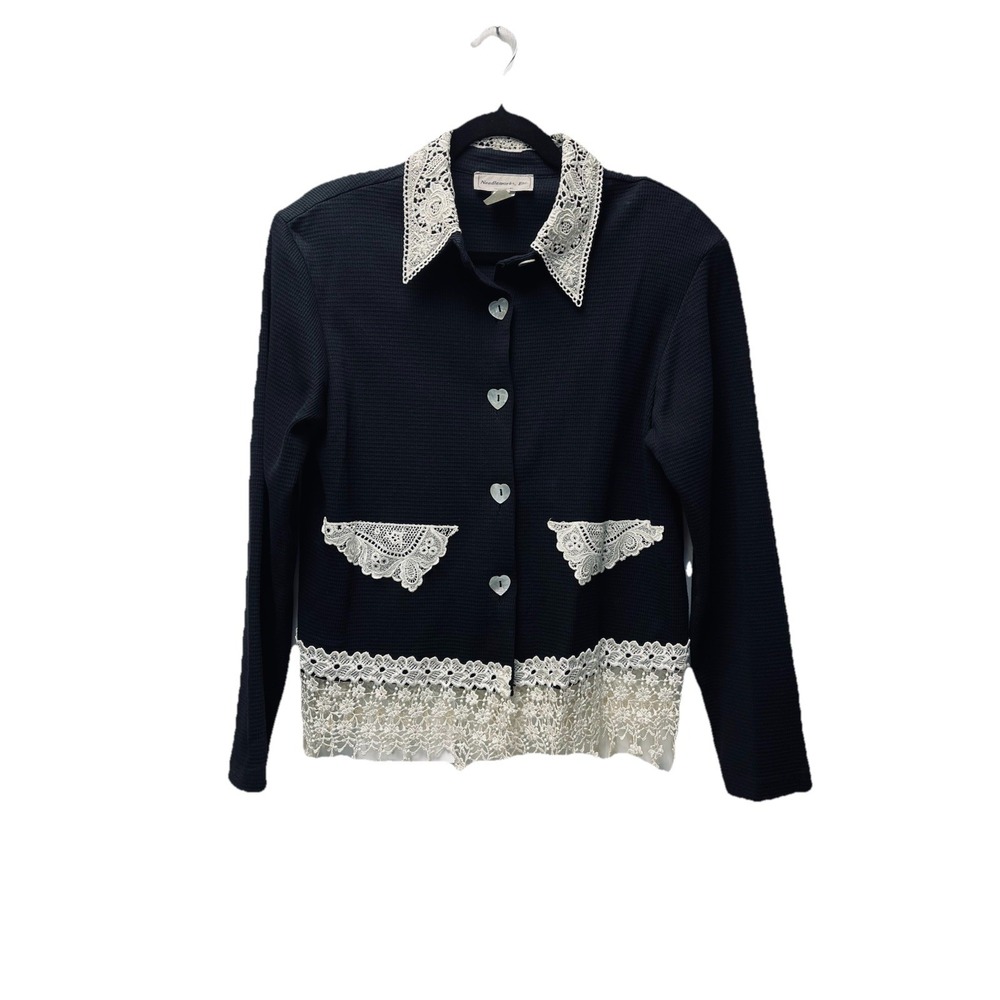 VTG Needleworks, Etc. L Black Textured Jacket Crochet Lace Boho Romantic 80s